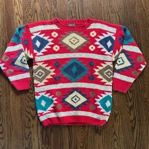 Women’s Vintage Cricket Red Geometric Aztec Cotton Sweater